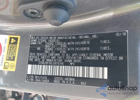 2018 Toyota Highlander Le Plus из США, поврежденный, VIN 5TDBZRFH9JS878346